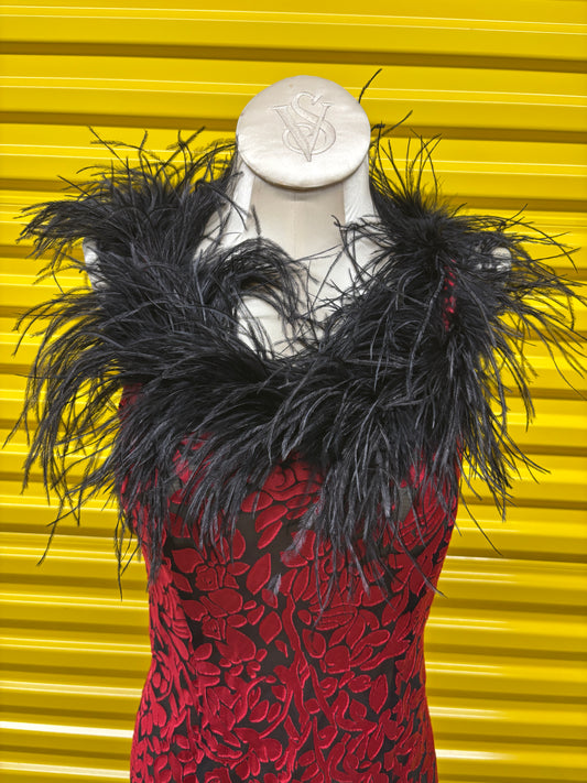 Fredericks red slip with ostrich feather collar