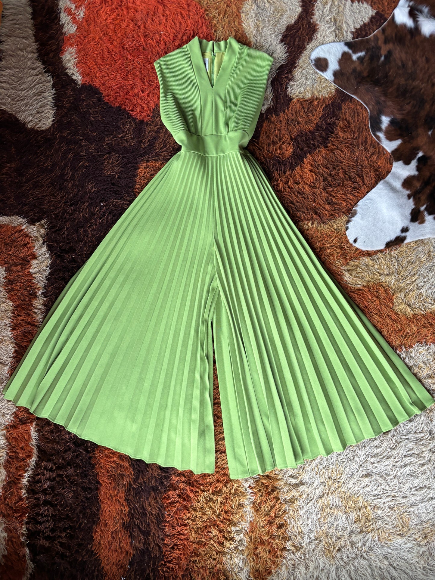 60s lime green mega pleated jumpsuit