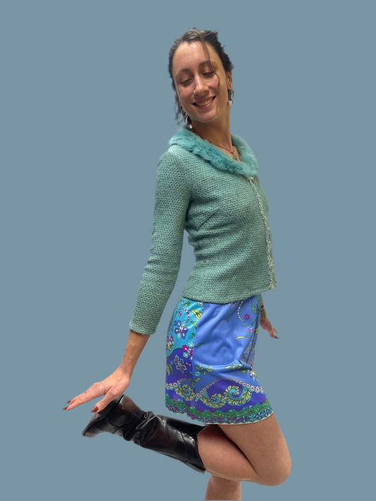 Y2K teal cardigan with rabbit fur trim