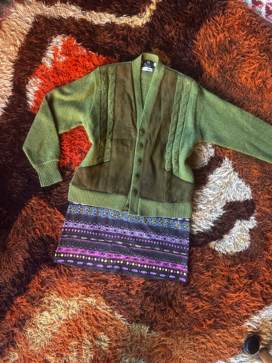 60s Cable-knit Suede Cardigan