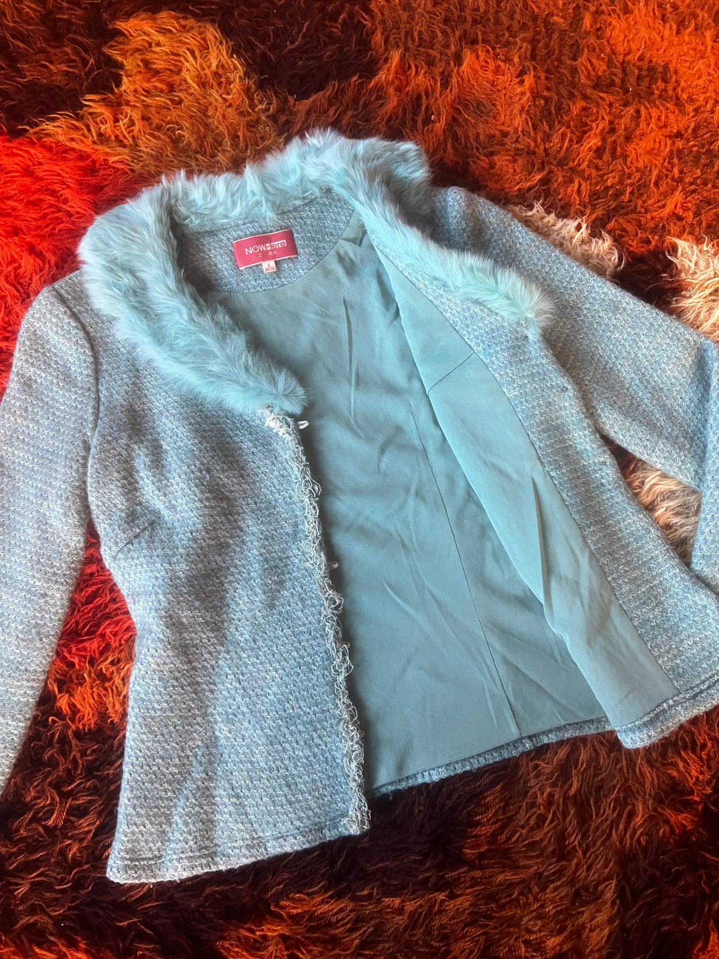 Y2K teal cardigan with rabbit fur trim