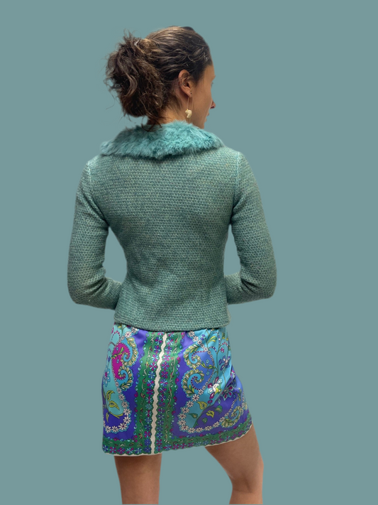 Y2K teal cardigan with rabbit fur trim