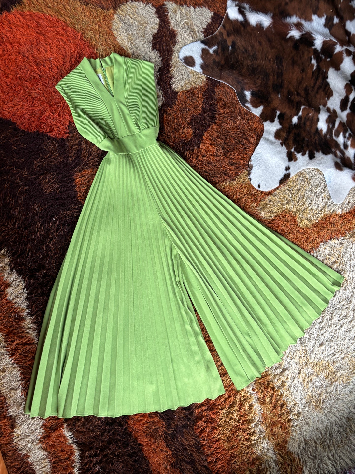 60s lime green mega pleated jumpsuit